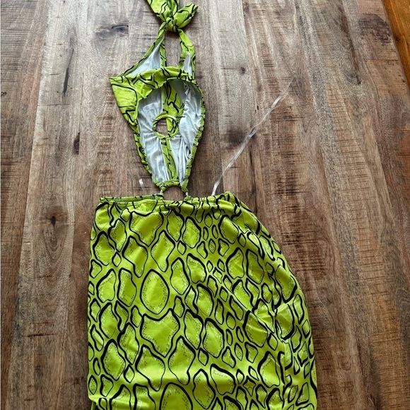 LACAUSA small Neon yellow green animal reptile print halter swim mini dress NWOT - Picture 4 of 7